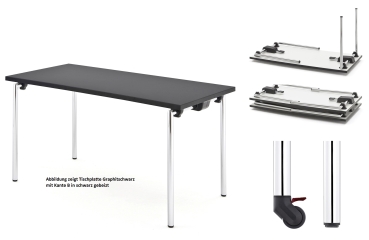 Rechtecktisch, Klapptischgestell Modell DEMUS 2, HPL Schichtstoffplatte mit Massivholzkante oder Rahmen